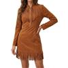 Generisch Abito da cowgirl da donna in pelle scamosciata, stile vintage, abito da cowboy, con mezza zip, con nappa, a maniche lunghe, stile retrò, marrone, L