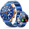 OHUGNA Smart Watch rotondo HD 1,54 pollici oro blu Smart Watch da uomo, molteplici modalità sportive, chiamata vocale Bluetooth, disponibile per iOS e Android (cinturino in acciaio oro blu)