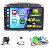 Hikity 5G WiFi 4+64G Android Autoradio per Peugeot 308/408 2007-2015, 9 Pollici IPS Touch Screen Stereo Auto con Wireless Carplay Android Auto Bluetooth5.0 FM/RDS GPS SWC AHD Retrocamera