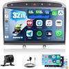 Roinvou 4+64G Android Autoradio per Peugeot 308/408 2007-2013 CarPlay Android Auto, 9 Pollici IPS Touch Screen WI-FI GPS Bluetooth 32EQ FM/RDS SWC Telecamera Posteriore