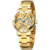 FORSINING Orologio automatico da donna, meccanico, scheletro, alla moda, cinturino in acciaio inox, numeri romani, quadrante, orologi da donna di lusso, gold, Bracciale