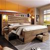 LinoraFurn Letto matrimoniale in legno, 180 x 200 cm, con luci LED e USB Type-C, nicchia illuminata, comodini sospesi, vano sotto il letto con cassetti, effetto rovere, senza materasso