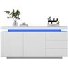 Wyibwy Credenza cucina,credenza,cassettiera cucina,mobile camera da letto,2 ante,3 cassetti,con luci LED, lucido,senza tiretti,madia,credenza soggiorno,mobile ingresso,140x35x72,5cm,bianco