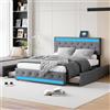 MIOOSUT Letto matrimoniale imbottito con 4 cassetti, con illuminazione a LED e ricarica USB, testiera imbottita regolabile, per adulti e adolescenti, senza materasso (grigio scuro, 140 cm)