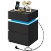 WOLTU Comodino Set di 2, con Stazione di Ricarica, Comodino a LED Connesso, 2 Prese, 2 Porte USB, 2 Cassetti, 1 Scomparto con Sportello, per Camera da Letto, 40 x 35 x 55 cm, Nero