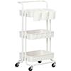 HOMCOM Carrello portaoggetti a 3 livelli su rotelle con 4 ganci e 3 appendini rimovibili per bagno, cucina, ufficio 42 x 38 x 86,5 cm - bianco