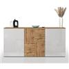 WHOUS Credenza e Buffet ISEO per Soggiorno con 3 Ante, Madia per Salotto, Cucina e Sala da Pranzo in Legno, 150x35x70, Bianco Lucido e Rovere