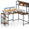 COSTWAY Scrivania a Forma di L con Libreria, Ripiani e Gancio per Cuffie, Scrivania Angolare in Legno con Robusto Telaio in Metallo, Scrittoio per Computer per Soggiorno, Studio e Ufficio (Marrone)