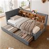 Kelodan Letto giornaliero, 90 x 200 cm, divano letto, con 2 cassetti, USB + tipo C, più ripiani, letto con rete a doghe (senza materasso), lino, grigio