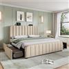 Dolamaní Letto matrimoniale imbottito 160 x 200 cm, beige con rete a doghe, letto portaoggetti con testiera imbottita, materiale di lino, 4 cassetti, per camera da letto, letto