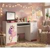 Happy Babies Scrivania per cameretta dei bambini, 125 x 89 x 60 cm, bianco e rosa, ufficio con ripiano per tastiera, scrivania per computer con cassetti, motivo unicorno