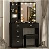 Saimeihome Toeletta Trucco con Specchio e Luci e Sgabello, Toeletta Nero con 6 Cassetti 6Ripiani, Luce Regolabile Tavolo da trucco per Camera da Letto 80x36x130 cm