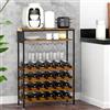 BAKAJI Portabottiglie di Vino e Liquori Design Industrial Metalllo e Legno 24 Spazi Porta Bottiglie + 10 calici, Dimensioni 66 x 30 x 100 cm Colore Struttura Nero Ripiani Brown