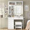 Yanosaku Tavolo da trucco con specchio, con illuminazione LED a tre colori regolabile e prese elettriche, 6 cassetti, 3 armadietti e 7 ripiani aperti, tavolo da trucco bianco con sgabello