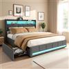 Zorvani Letto imbottito 160x200 cm con LED, letto matrimoniale con 4 cassetti e funzione di ricarica USB, struttura del letto con rete a doghe, letto piazza e mezza, tessuto di lino