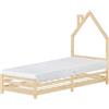 ML DESIGN modern living ML-Design Letto per Bambini 90x200 cm in Legno di Pino Naturale con Testiera a Forma di Casetta, Materasso 16 cm e Rete a Doghe, Letto Singolo Basso Montessori, Struttura Lettino per Bambini