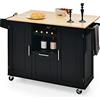 KOMFOTTEU Isola centrale mobile con piano di lavoro in legno di albero della gomma, carrello da cucina con cassetto, porta bottiglia e 2 armadio con porta, carrello su ruote, 130 x 45 x 90 cm (nero)