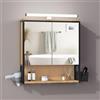 EUGAD Specchio da Bagno con Contenitore e Luci, Pensile da Bagno con 2 Ante, 1 Scomparto Aperto e 2 Vani Chiusi, Ripiano Interno Regolabile, Nero + Rovere, 56x14,5x60 cm