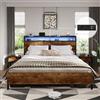 DICTAC Letto 160 x 200 cm con illuminazione a LED, letto matrimoniale in metallo con presa e funzione di ricarica USB, struttura letto 160 x 200 cm con testiera in legno, spazio di archiviazione