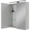 Planetmöbel ARIA Armadio a specchio con illuminazione, 60 x 70 x 16 cm, Armadietto da bagno sospeso con specchio, Bianco grigio, con lampada e presa elettrica, per bagno ospiti