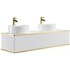 Vente-unique-Mobile bagno sospeso con scanalature con profilo dorato 2 cassetti con doppio lavabo da appoggio tondo - Bianco - 150 cm - KELIZA