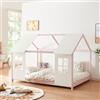 [en.casa] Letto per Cameretta a Forma di Casetta Semiaperta con Finestra e Tettuccio Letto 1 Piazza e Mezza per Bambini Struttura in Legno di Pino 120 x 200 cm Rosa/Bianco
