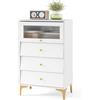 KOMFOTTEU Cassettiera Bianca in Legno, Comò Camera da Letto Moderno con Porta in Vetro e Gambe in Metallo, Mobiletto Cucina con Cassetti Scorrevoli, per Studio, Ingresso, Bianco (Con 3 Cassetti)