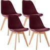 CLP Set di 4 sedie da pranzo Linares in plastica I in tessuto I in velluto I in corda I in pelle I poltrona con struttura in legno, Colore:bordeaux, Materiale:Velluto
