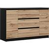 3E 3xE living.com Cassettiera, credenza con 2 ante, 3 cassetti, Nero e Rovere Wotan, D: 120 x 79 x 39 cm, mobili soggiorno, cassettiera armadio interna, armadio camera da letto, como, settimino, mobile camera da letto