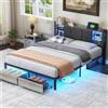 YNYHTER Letto Matrimoniale 160x200 con LED, Letto Matrimoniale con Cassetti, Letto con USB e Luce LED, Struttura in Metallo con Stazione di Ricarica e Testiera in Legno PU Imbottito, Senza Materasso