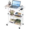 Rcynview Scrivania regolabile in altezza, 80 x 40 x 74,5 - 95,5 cm, scrivania per computer con ruote, scrivania regolabile in altezza, scrivania per laptop con ripiani per stanze, casa, ufficio, bianco