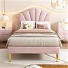 REXO Letto imbottito in velluto, 90 x 200 cm, letto a conchiglia con gambe in ferro dorato, testiera regolabile in altezza, rete a doghe in legno (rosa)