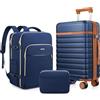 UKEIN Set di 3 valigie, bagaglio a mano da 20 pollici con ruote girevoli, set di valigie rigide in PC con serratura TSA, valigia resistente da portare con zaino da viaggio per uomo, Blu navy, 3 piece