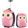 GYMAX Set di Valigia per Bambini, Trolley Bagaglio di 2 Pezzi a Mano Cavalcabile con Cinghia e Tracolla, Valigia Rigida con Ruote e Zaino, Regalo per Bambino e Bambina (12+16, Gufo 3)