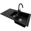 PRIMAGRAN Lavandino da Cucina Nero 90x50cm, Lavello in Granito a 1,5 vasche + Rubinetto 32x20cm + Set di accessori, Lavabo da Cucina Incasso al Mobile 60cm - Copenhagen Duo S011