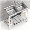 MiaJJooLi Lavello da esterno autoportante a doppia vasca, in acciaio inox, con rubinetto, portatile, per cucina, ristorante, ripiano portaoggetti per garage, lavanderia, 80 cm L x 45 cm P x 85 cm H