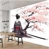 Generico carta parati adesiva Kimono Tradizionale Geisha Giapponese E Fiori Di Ciliegio 200 x 140 cm impermeabile Adesivi Muro Decorazione Murale Parati Poster, Per Camerette Bambini Camera da Letto Soggiorno