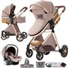 Magic ZC Passeggino Trio, Passeggino 3 in 1 con Doppia Modalità Push Reversibile, Trio Neonati con Grande Navicella, Carrozzina per Neonati in Alluminio Pieghevole (YV9 Khaki)