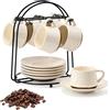 PORCER Set di 6 tazze da caffè in ceramica da 130 ml (4,4 fl oz) con piattino e supporto in metallo nero, impilabili, tazze da cappuccino, espresso per caffè speciali, latte, americano, tè - Colore