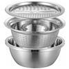 CRIDENG Set di 3 ciotole da cucina in acciaio inox, con grattugia integrata e cestello scolapiatti per la preparazione di alimenti e insalate (set da 3 pezzi)