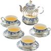 CAPIJIONG Set da tè in ceramica retrò con candela britannica riscaldante, teiera a forma di piccolo fiore blu (pentola singola+base+4 tazze e piatti)