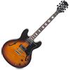 Rocktile Pro HB100-SB Chitarra Elettrica Vintage Sunburst, Top fiammato | Modello: HB100-SB, Corpo: acero semi-hollow con blocco centrale, 2 fori a F, Manico: acero set-in, 2 pickup Humbucker, 4 cm