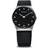 BERING 32230-448 Orologio da donna al quarzo, orologio da polso con cassa in acciaio inossidabile color argento da 30 mm, quadrante nero, cinturino in pelle di vitello, vetro zaffiro, 5 ATM