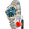 OLEVS Orologio da donna alla moda, con diamanti, analogico, al quarzo, in acciaio inox, impermeabile, luminoso, giorno e data, bicolore