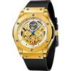 FORSINING Orologio da polso da uomo automatico a carica automatica con cinturino in silicone nero retrò scheletro fasi lunari grande quadrante meccanico orologio da polso, Oro bianco, Cinturino