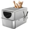 PawHut Lettiera per gatti in acciaio inox XL scatola di sabbia per gatti lettiera con pala doppie aperture facile da pulire argento