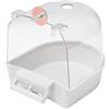 HshDUti Vasca da bagno per uccelli, da appendere, con ganci, per doccia ad acqua, contenitore trasparente, per mangiatoia per piccoli uccelli, canarini, pappagalli, 13 x 14 x 13 cm, colore: bianco