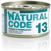 Generico Natural Code Cibo Umido Sfilaccetti per Gatti, alimento completo per gatti adulti di tutte le taglie e razze, N 13 Tonno e Formaggio, 12 scatolette da 85 grammi l'una, 12x85 gr.