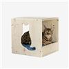 PERCORSIPERGATTI.IT Cubo Cuccia Gatto 40x40x40cm, in Legno d'Abete PEFC Fatto a Mano, grafica Gatto e Cuscino Blu Lavabile, Cuccia per Gatti per Riposo, Giocare, e arrampicarsi, fino a 20 KG - Percorsipergatti