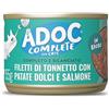Adoc Completo e Bilanciato, Alimento Umido per Gatti Adulti, Filetti di Tonnetto con Patate Dolci e Salmone, in Brodo, 16 Lattine da 155 g, Ingredienti Naturali, Senza Conservanti e Coloranti